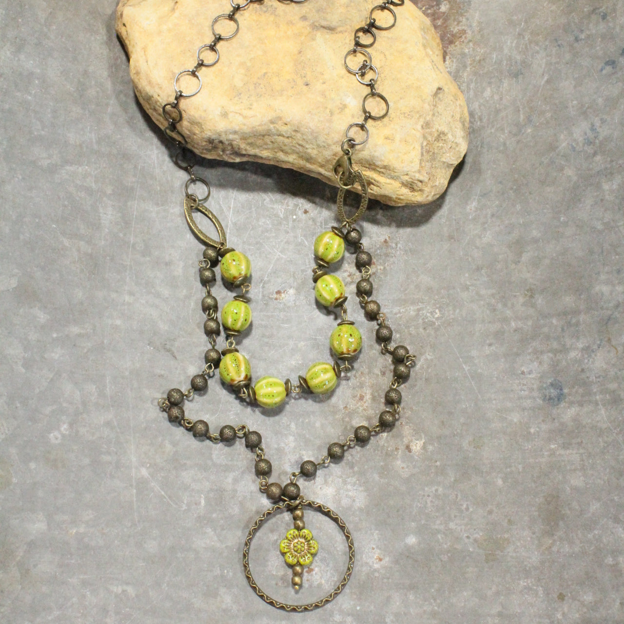 Picasso Wildflower Glass Bead Lime Stone Necklace