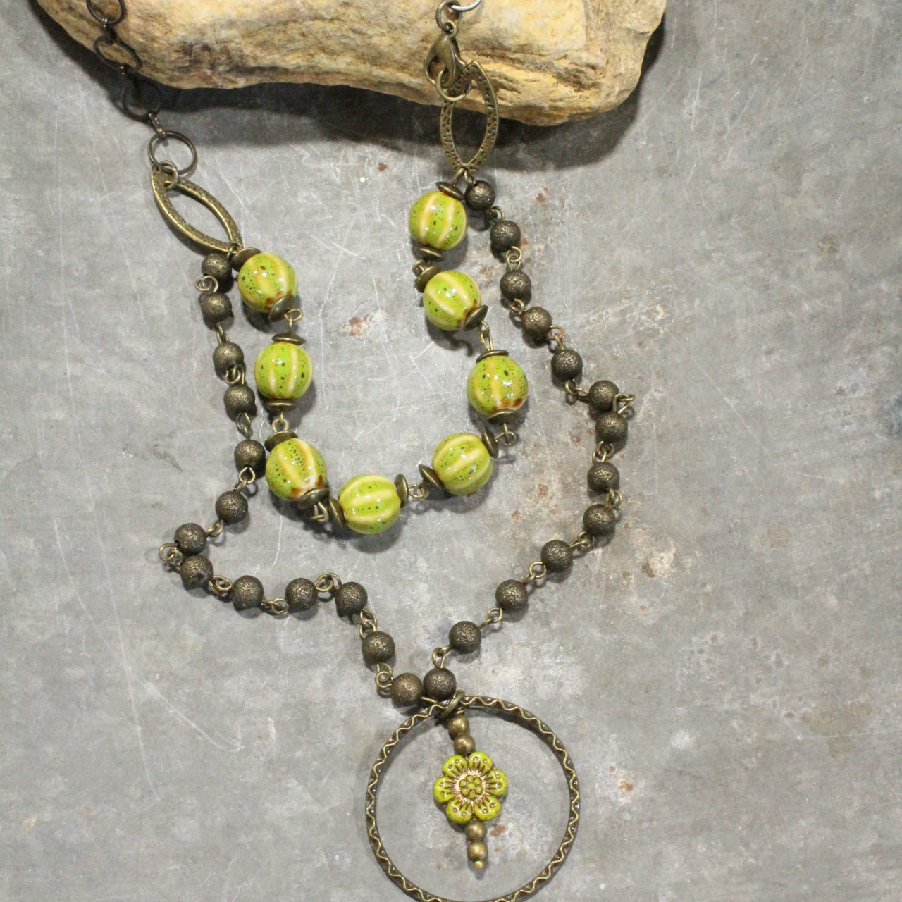 Picasso Wildflower Glass Bead Lime Stone Necklace