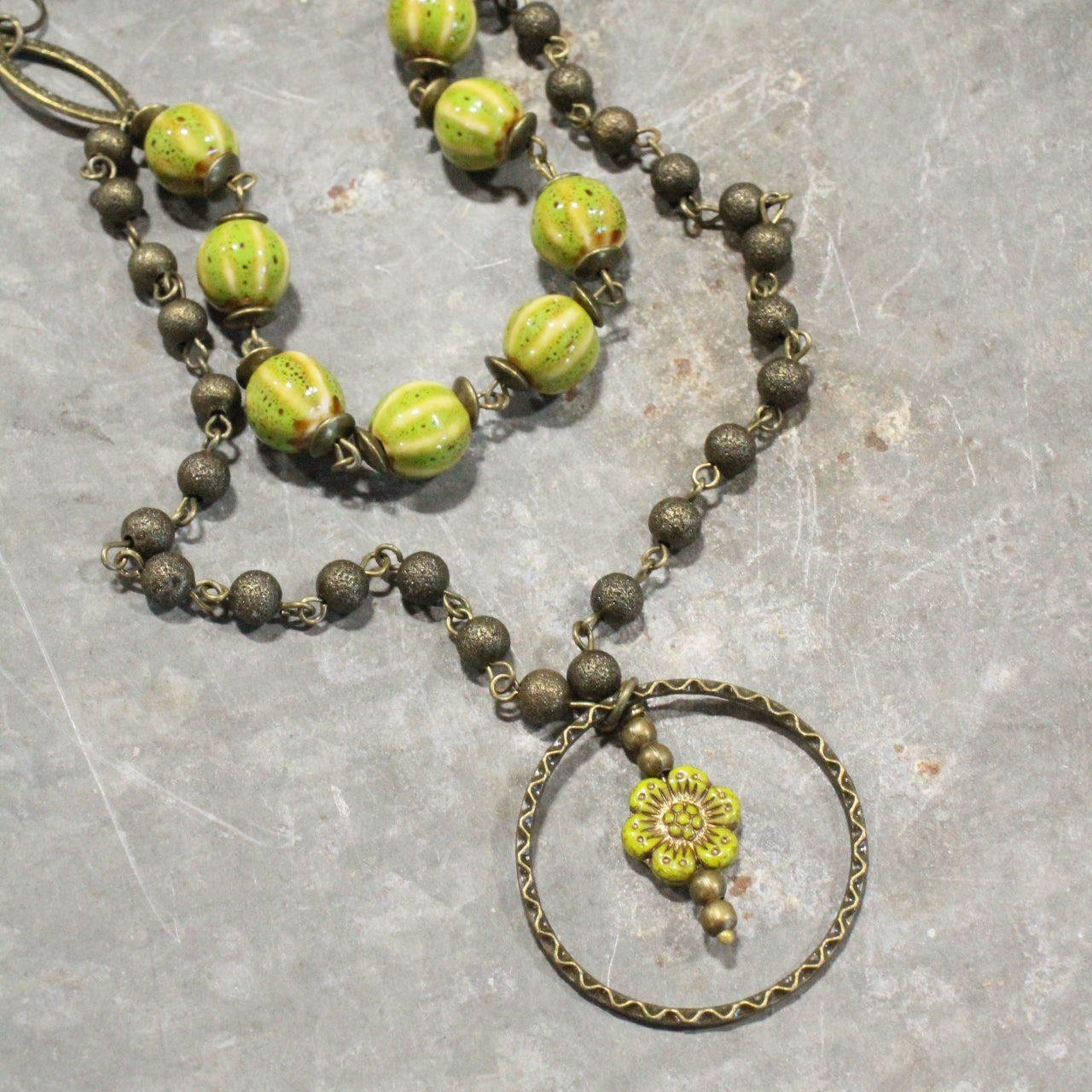 Picasso Wildflower Glass Bead Lime Stone Necklace