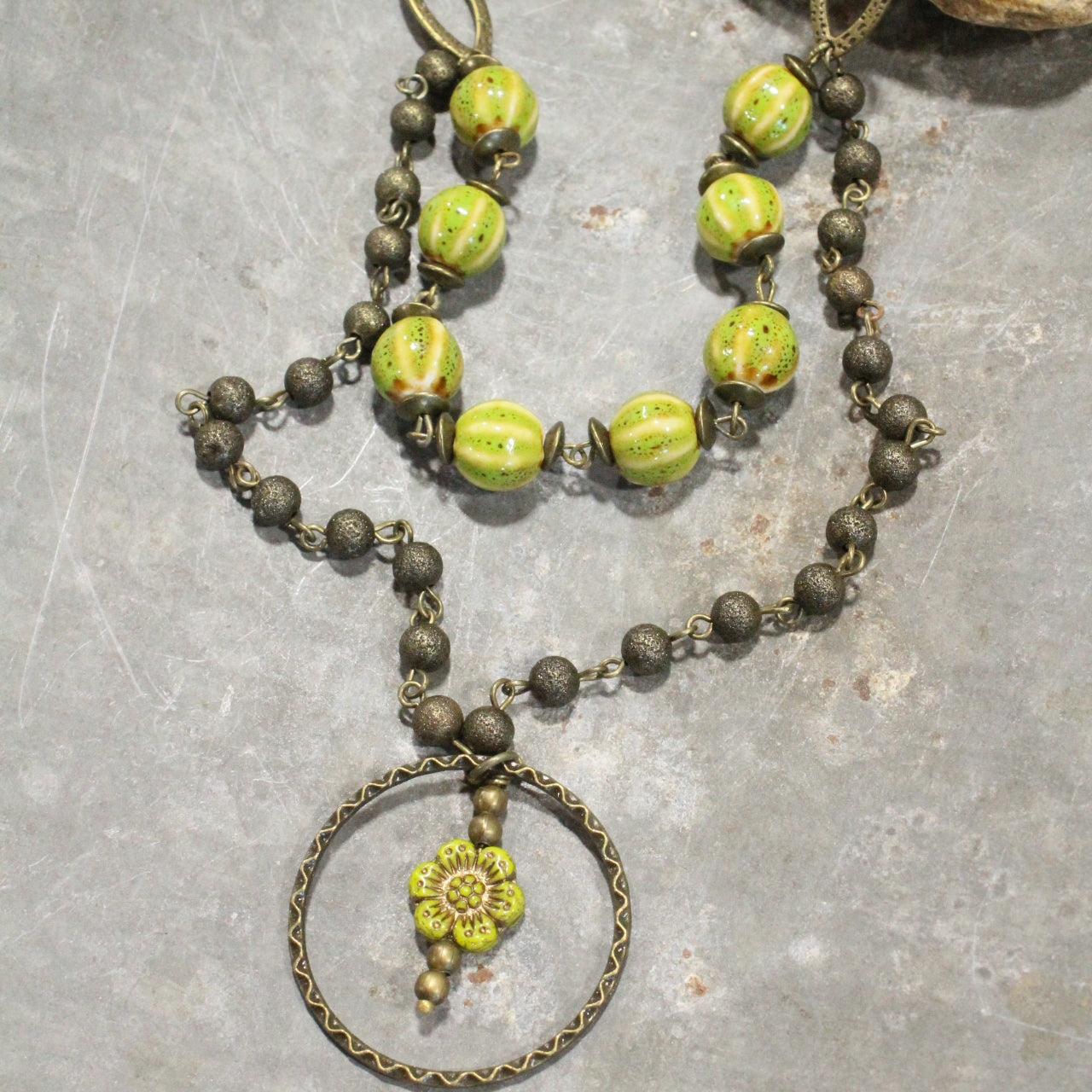 Picasso Wildflower Glass Bead Lime Stone Necklace