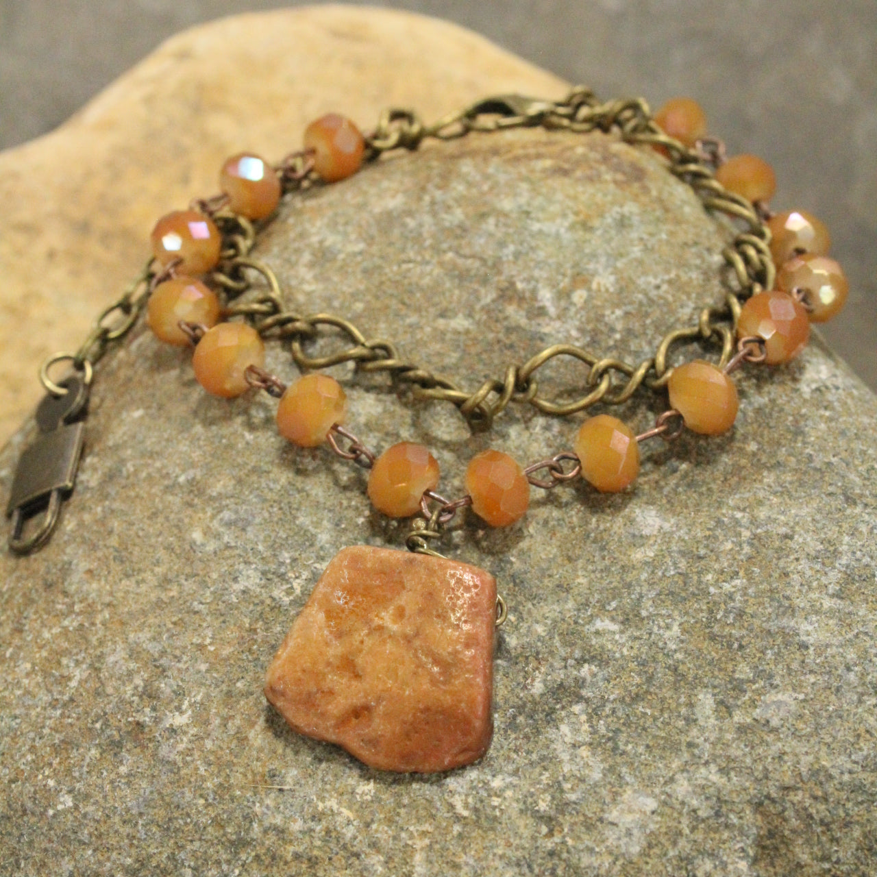 Raw Stone Pendant  Butterscotch Double Chain Bracelet Set