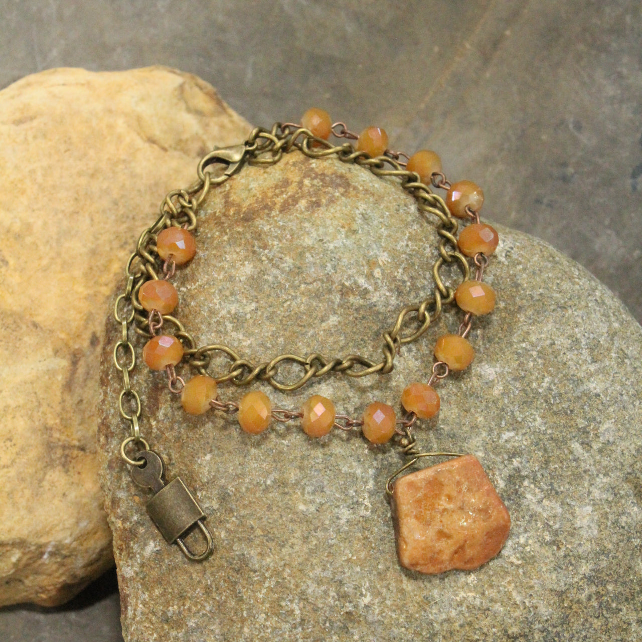 Raw Stone Pendant  Butterscotch Double Chain Bracelet Set