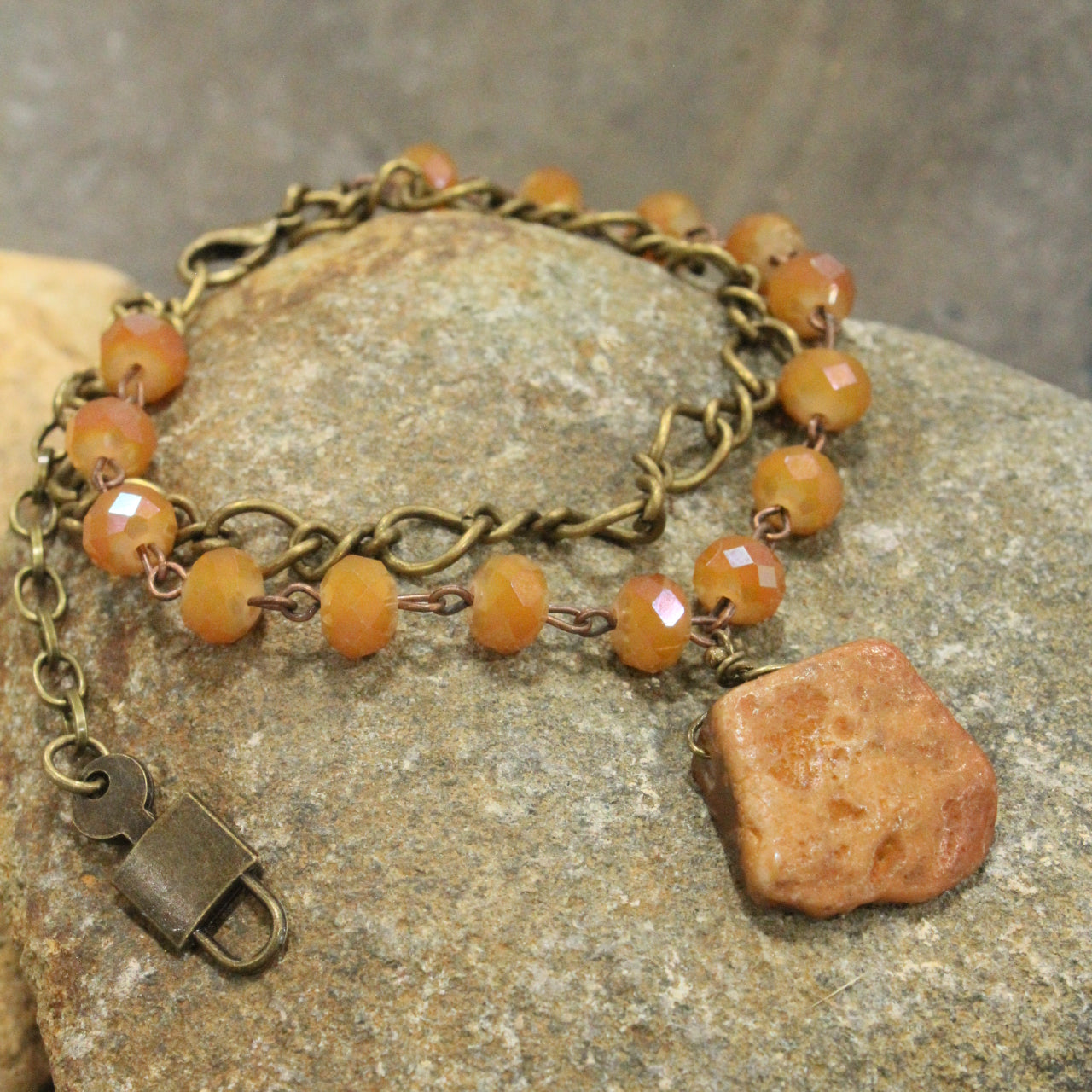 Raw Stone Pendant  Butterscotch Double Chain Bracelet Set