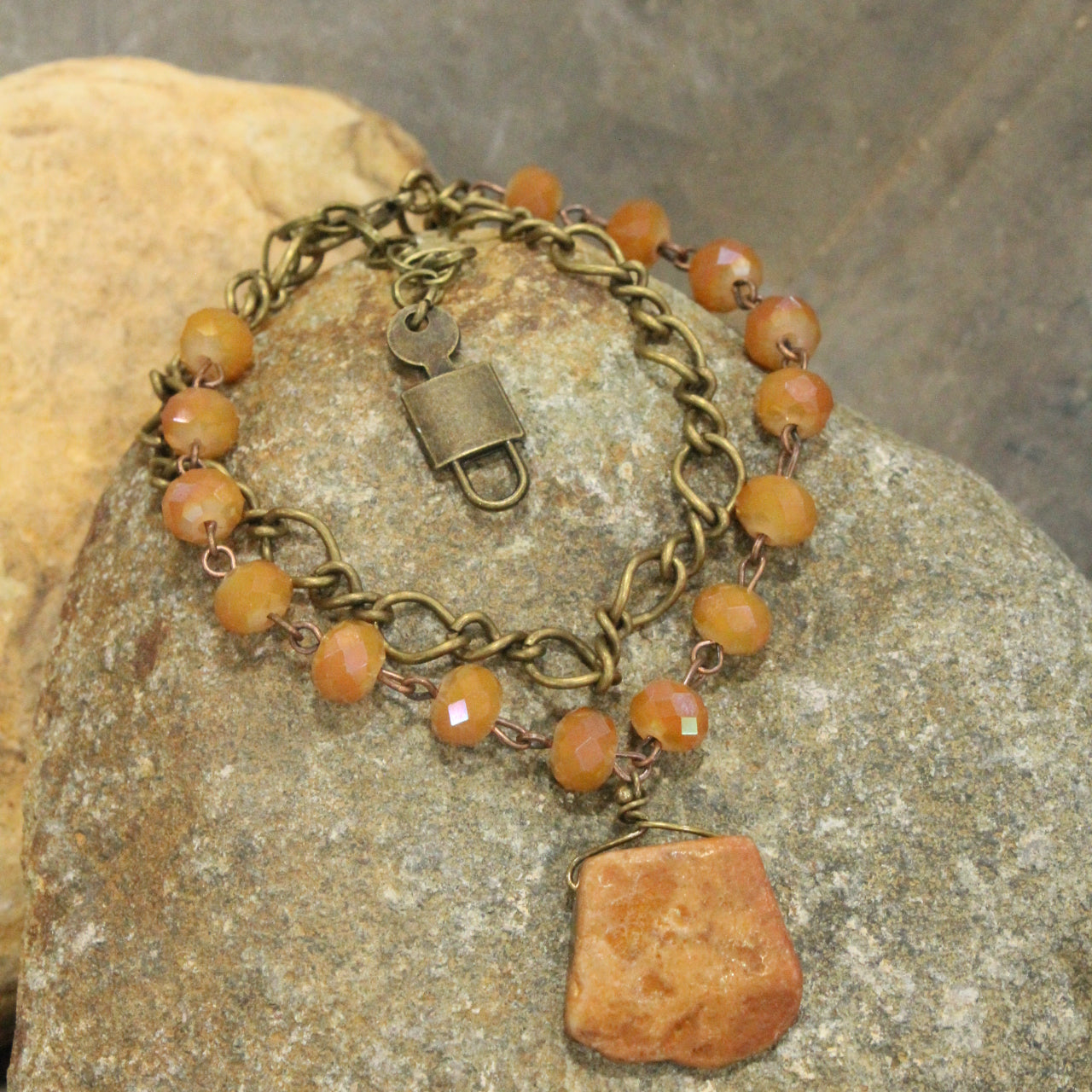 Raw Stone Pendant  Butterscotch Double Chain Bracelet Set