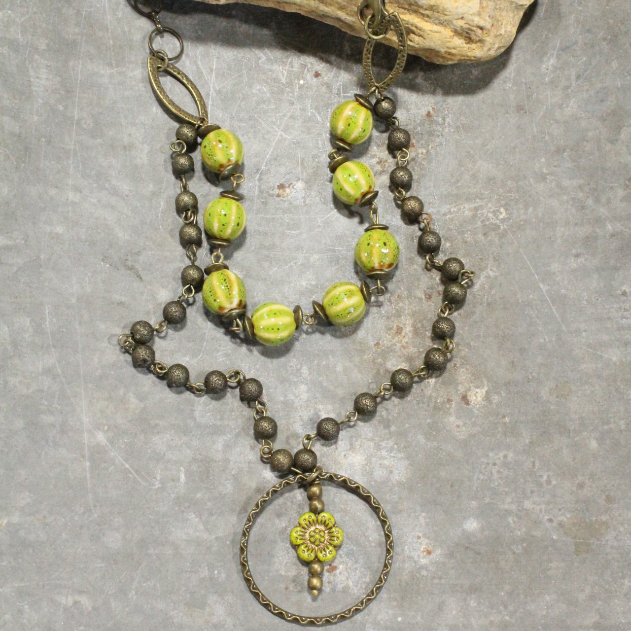 Picasso Wildflower Glass Bead Lime Stone Necklace