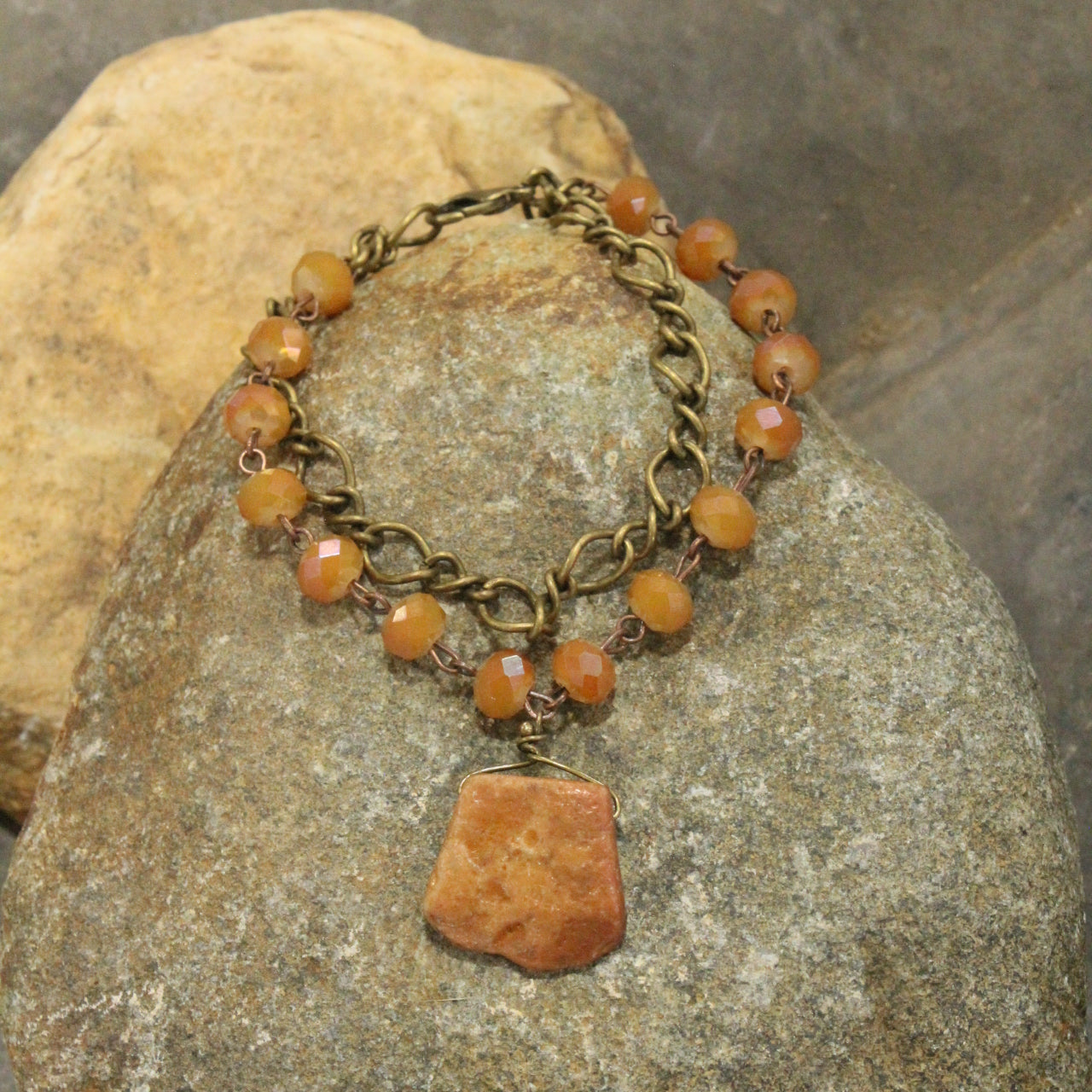 Raw Stone Pendant  Butterscotch Double Chain Bracelet Set