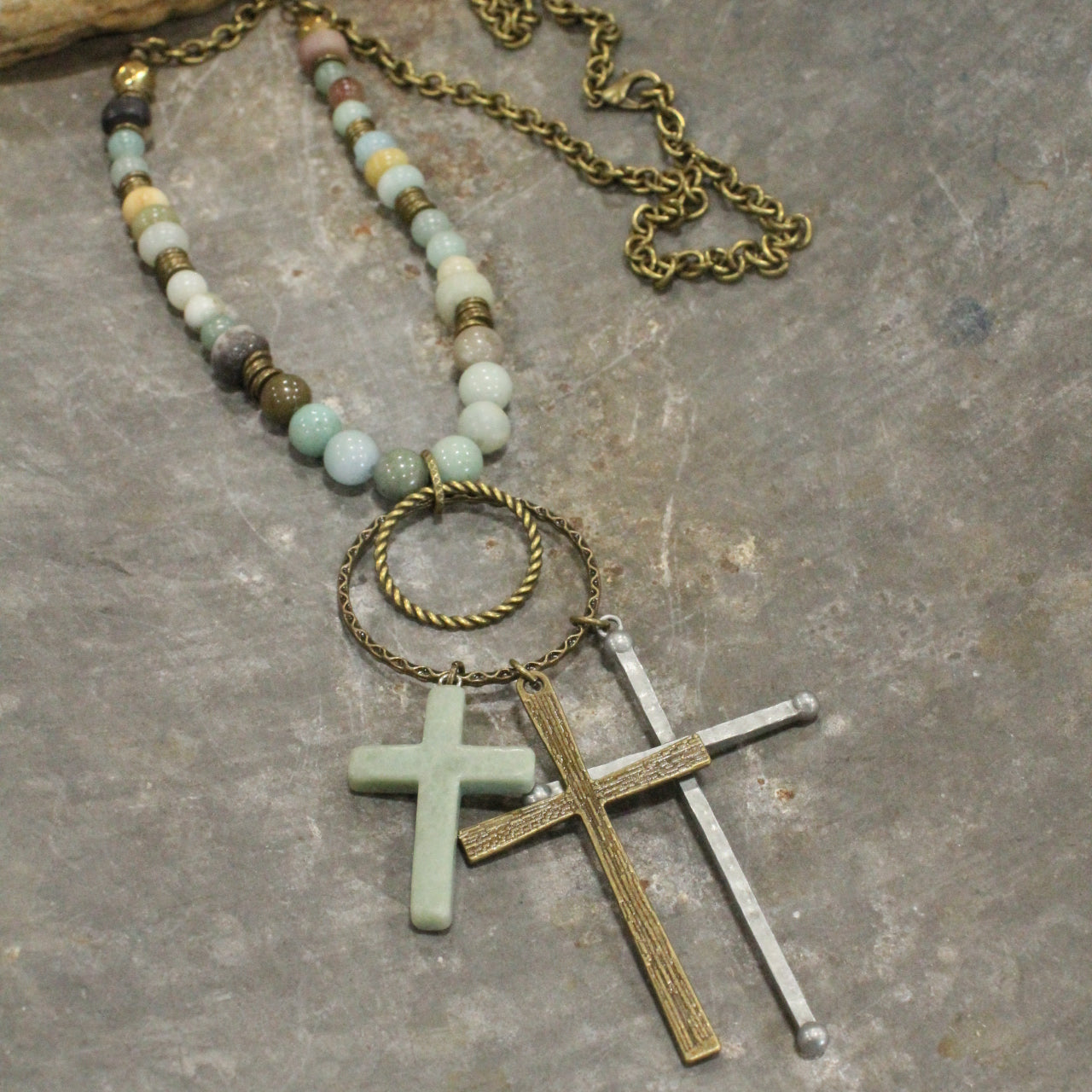 Bohemian Cross & Mixed Mint Stone Necklace