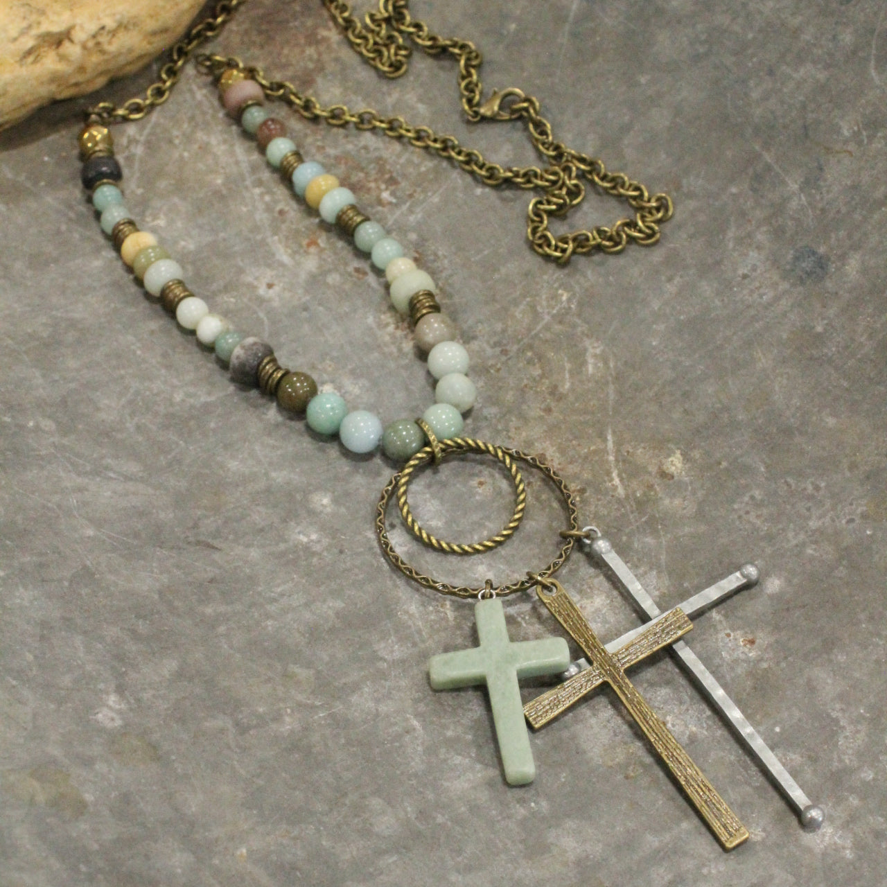 Bohemian Cross & Mixed Mint Stone Necklace