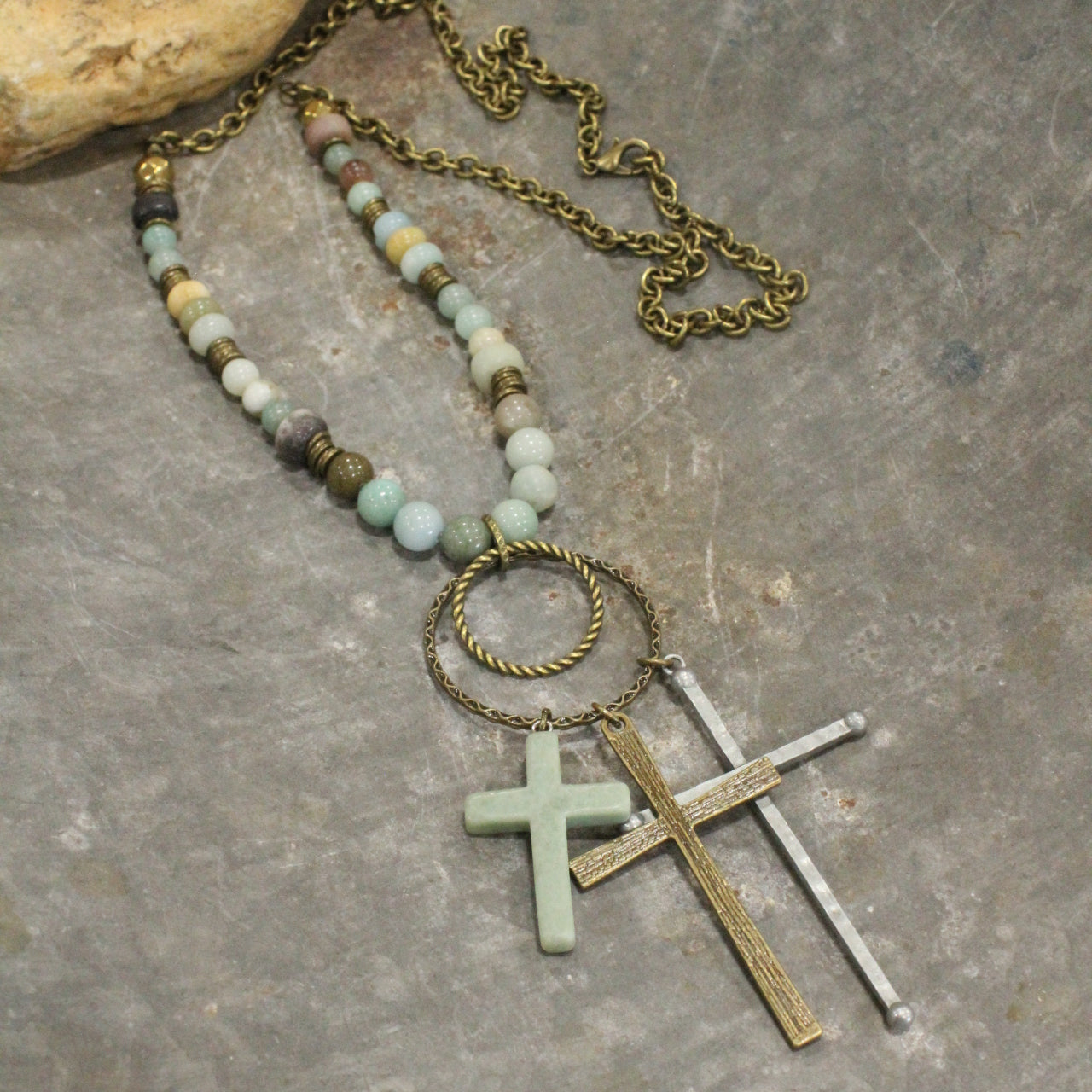 Bohemian Cross & Mixed Mint Stone Necklace