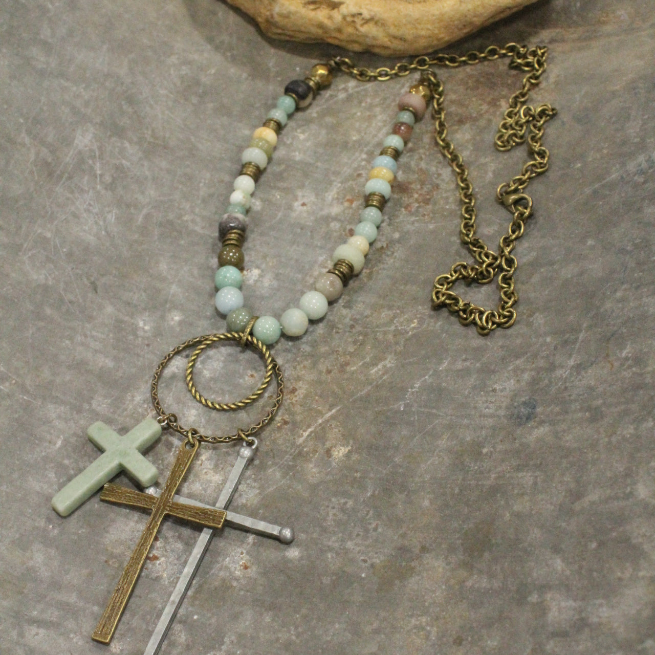 Bohemian Cross & Mixed Mint Stone Necklace