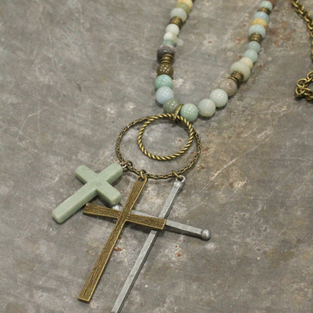 Bohemian Cross & Mixed Mint Stone Necklace