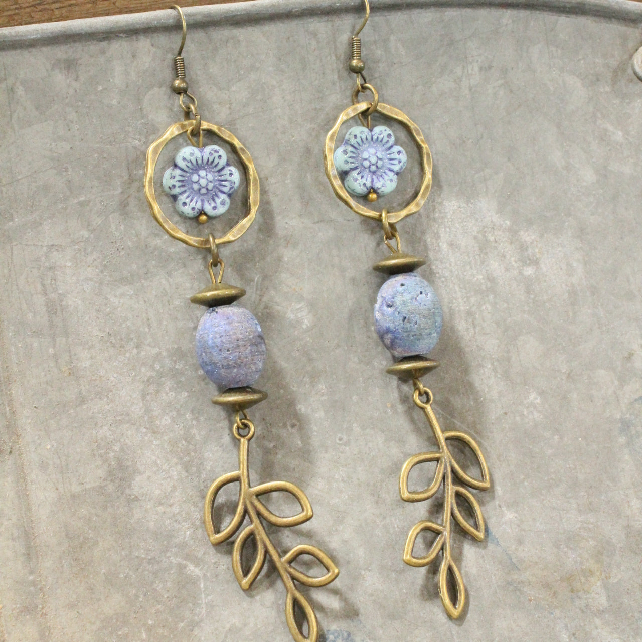 In Druzy Fashion Purple Floral Czech Dangle Earrings