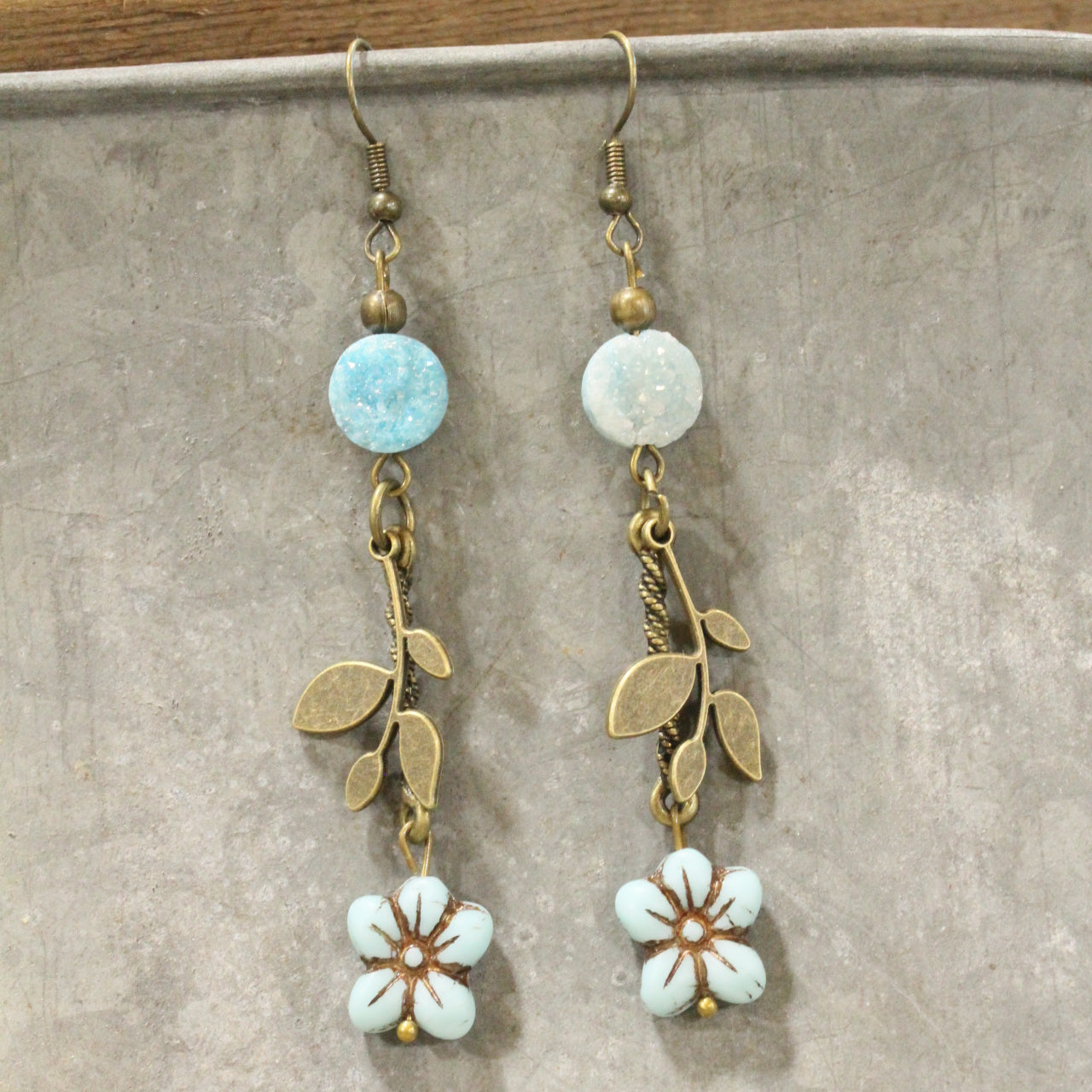 In Druzy Fashion Powder Blue Floral Czech Dangle Earrings