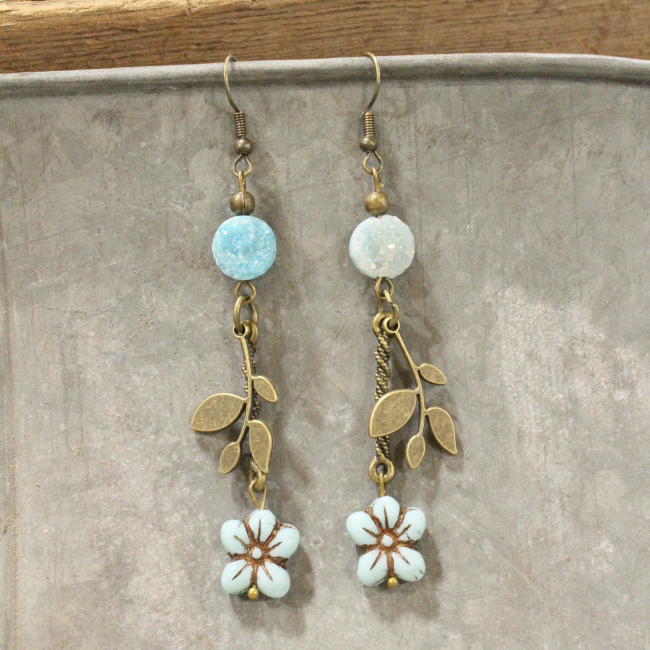 In Druzy Fashion Powder Blue Floral Czech Dangle Earrings