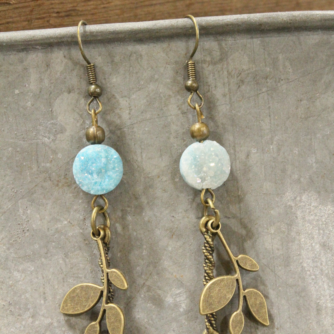 In Druzy Fashion Powder Blue Floral Czech Dangle Earrings