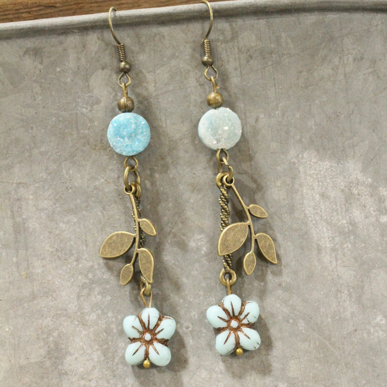 In Druzy Fashion Powder Blue Floral Czech Dangle Earrings