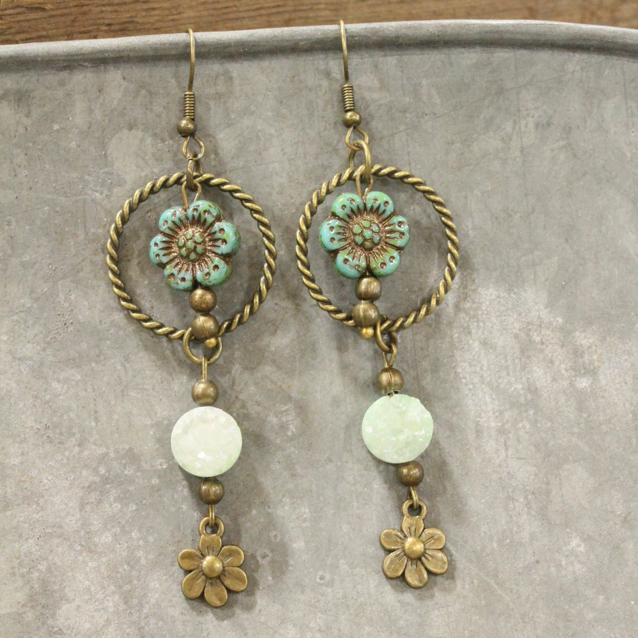 In Druzy Fashion Green Floral Czech Dangle Earrings