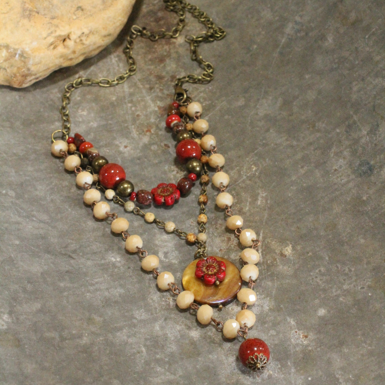 Red Czech Flower Stone Layered Pendant Necklace