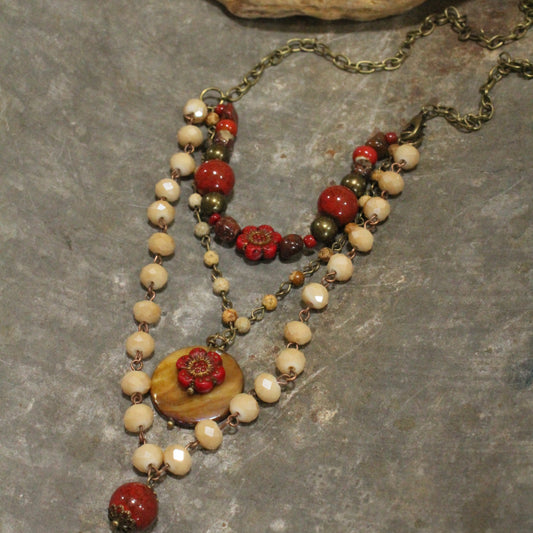 Red Czech Flower Stone Layered Pendant Necklace