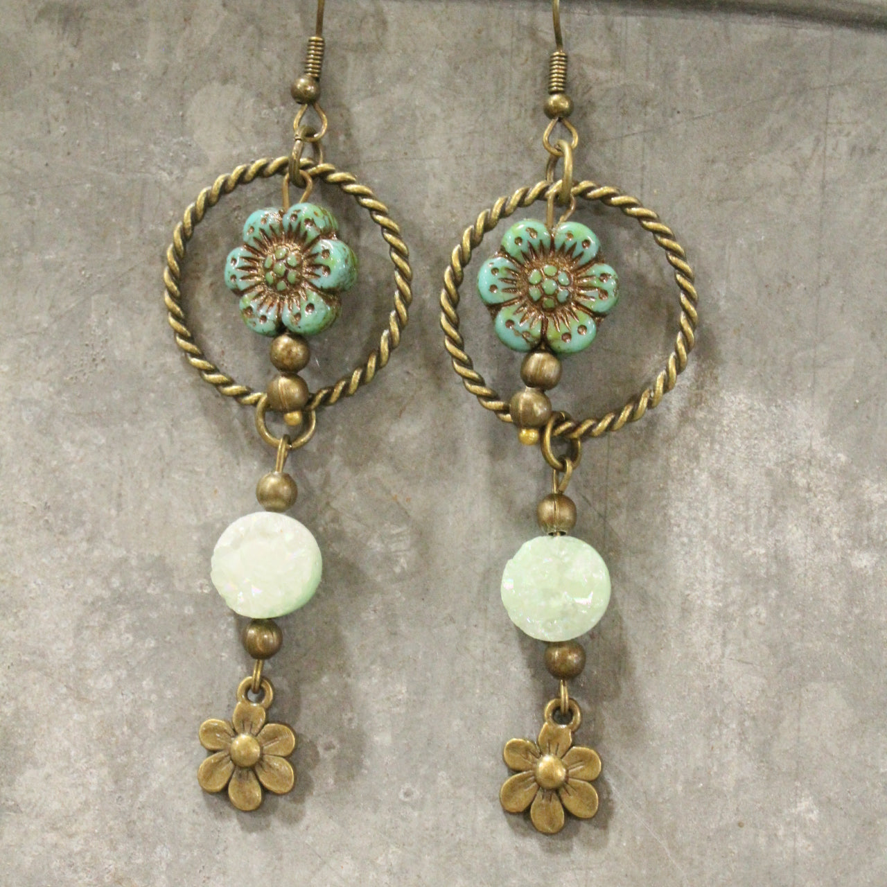 In Druzy Fashion Green Floral Czech Dangle Earrings