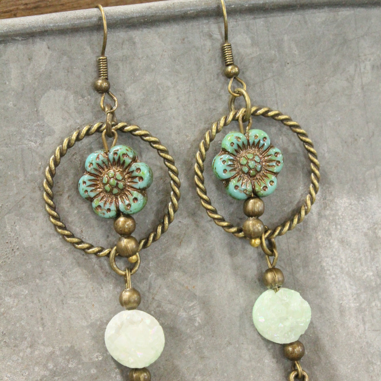 In Druzy Fashion Green Floral Czech Dangle Earrings