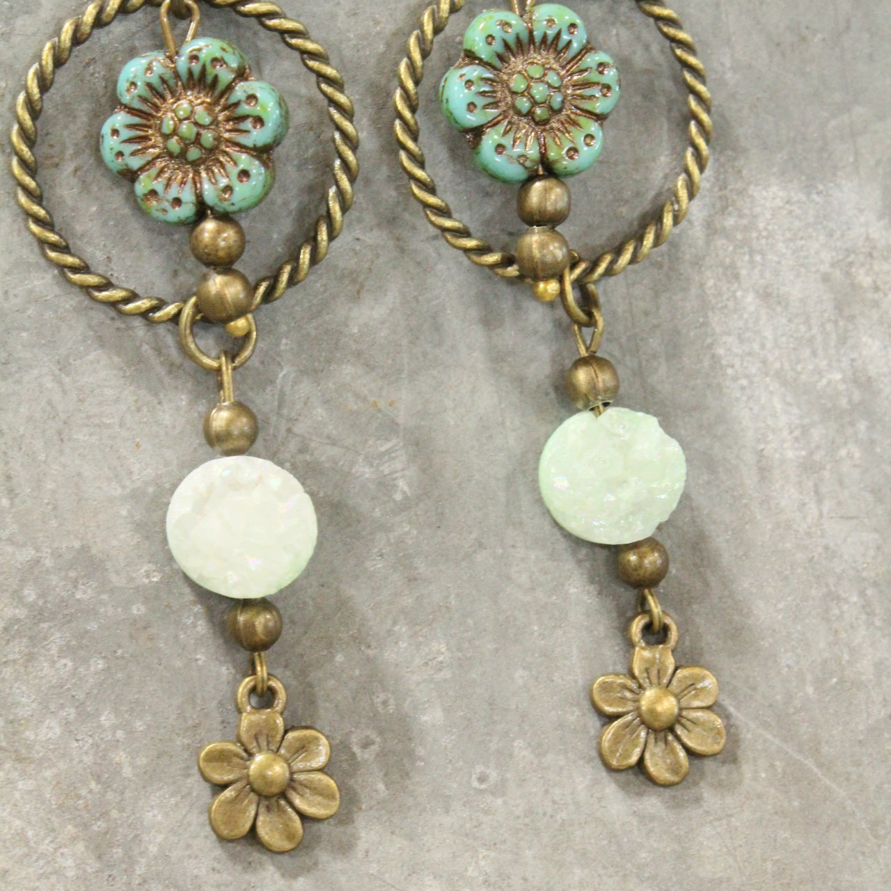 In Druzy Fashion Green Floral Czech Dangle Earrings