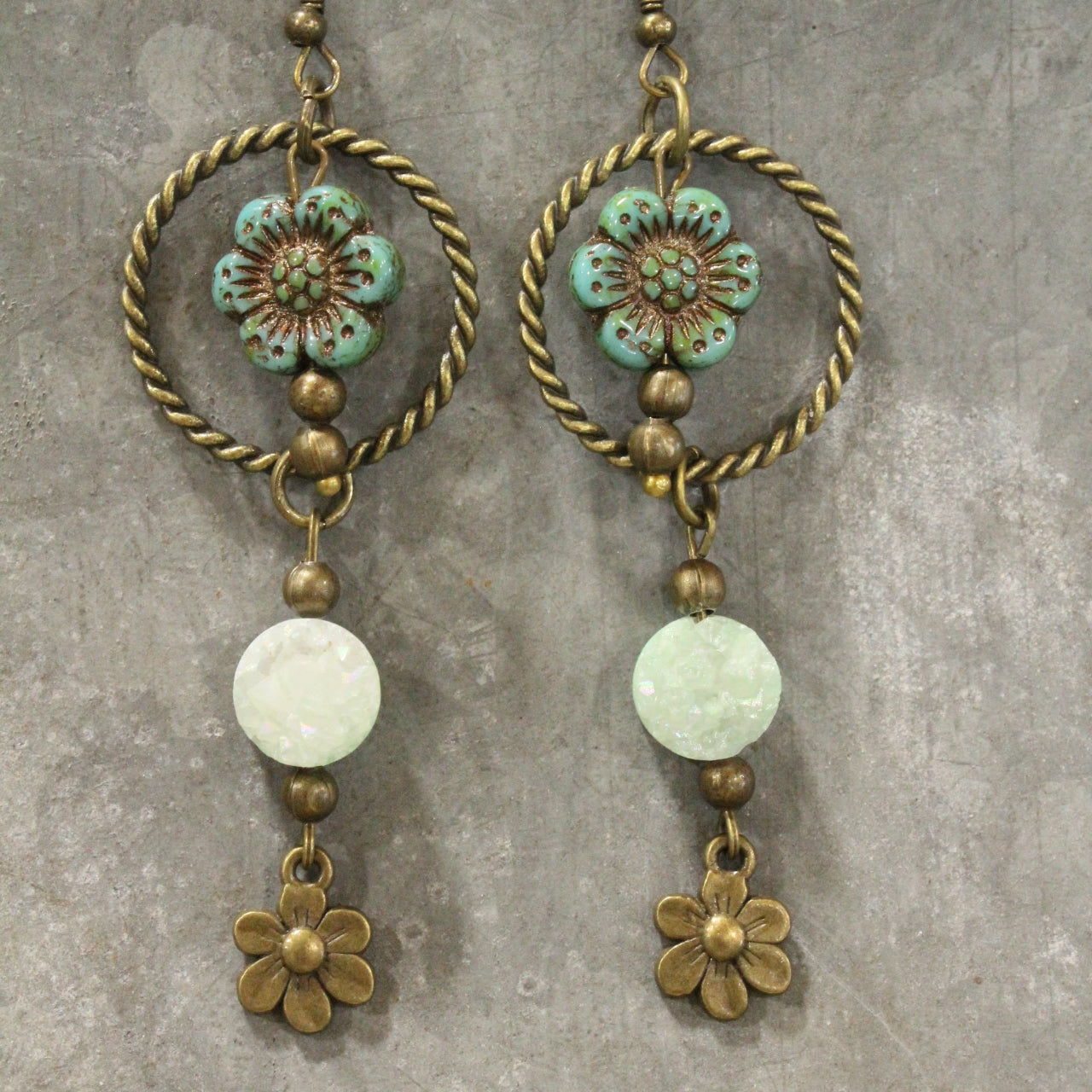 In Druzy Fashion Green Floral Czech Dangle Earrings