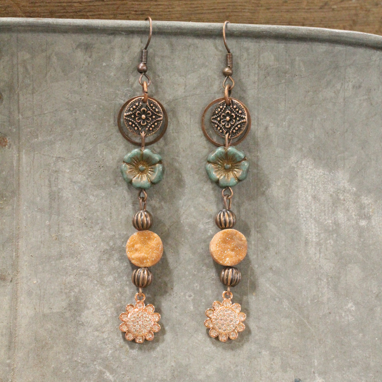 In Druzy Fashion Jade & Copper Floral Czech Dangle Earrings