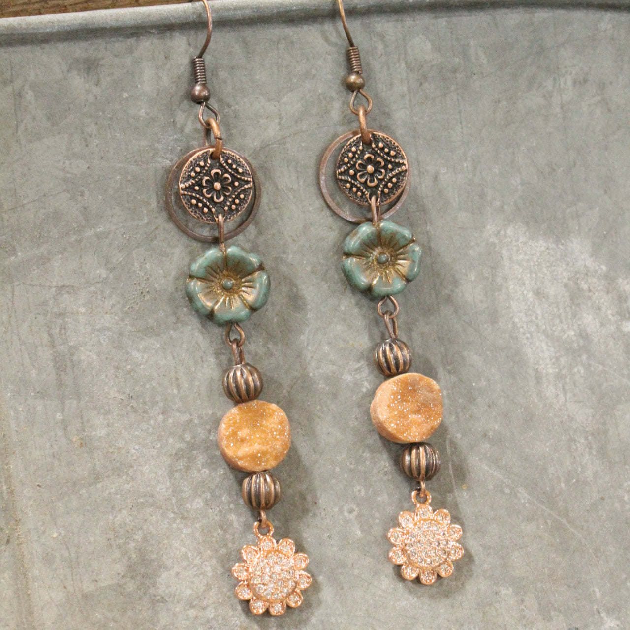 In Druzy Fashion Jade & Copper Floral Czech Dangle Earrings