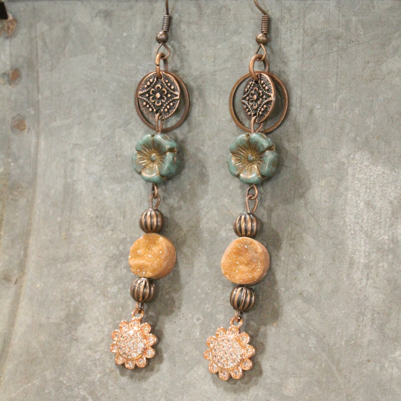 In Druzy Fashion Jade & Copper Floral Czech Dangle Earrings