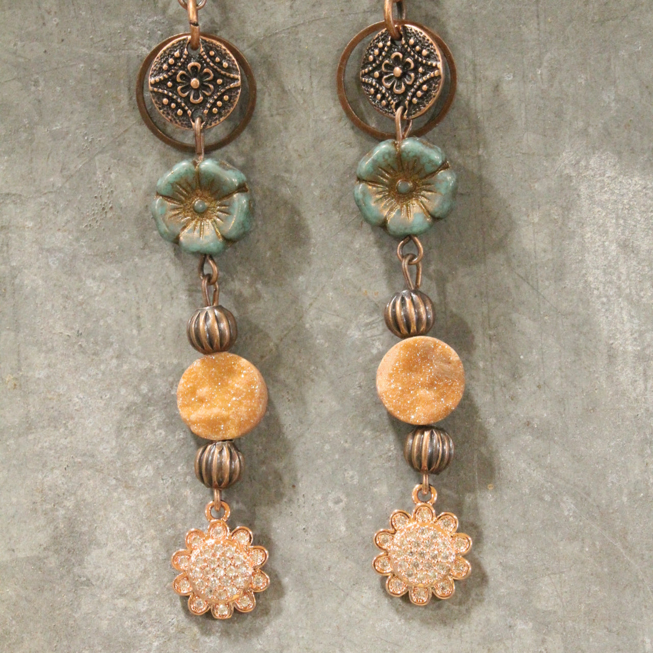 In Druzy Fashion Jade & Copper Floral Czech Dangle Earrings