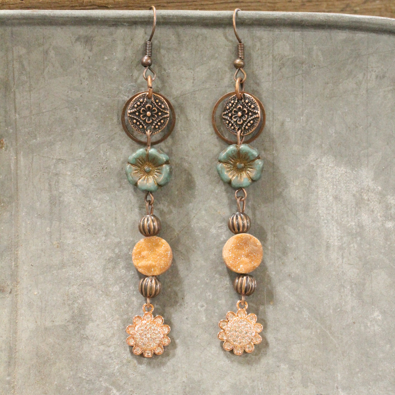 In Druzy Fashion Jade & Copper Floral Czech Dangle Earrings