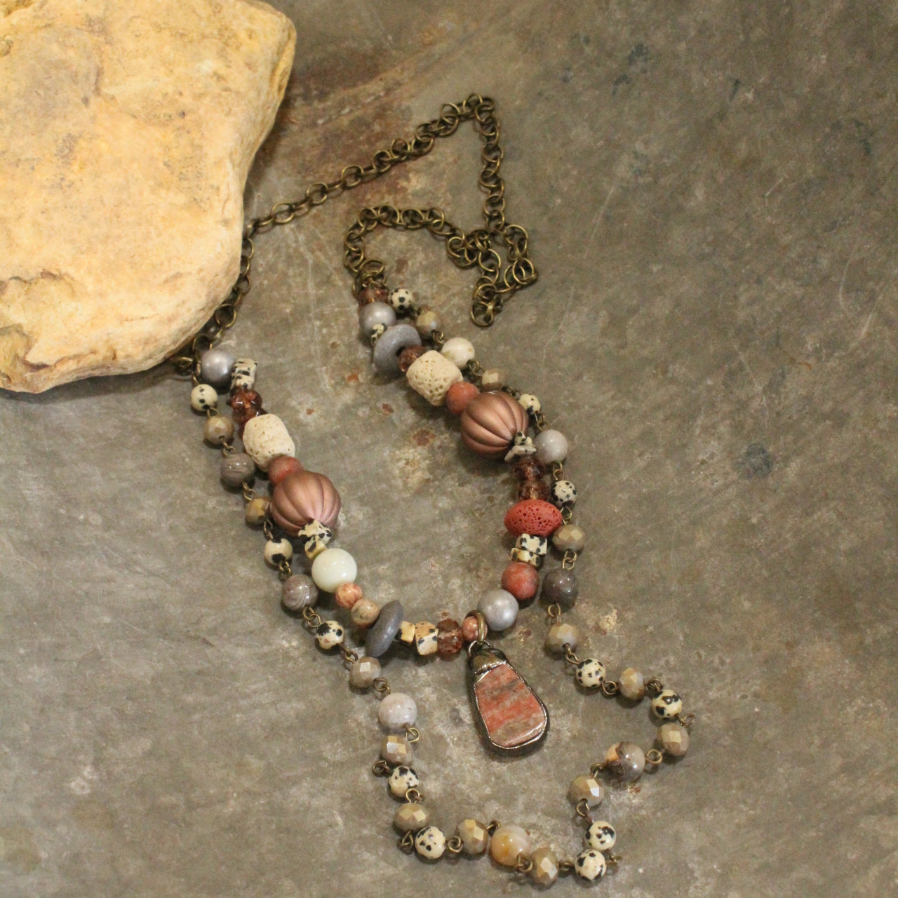 Glass Crystal & Natural Stone layered  Vintage Blush Necklace