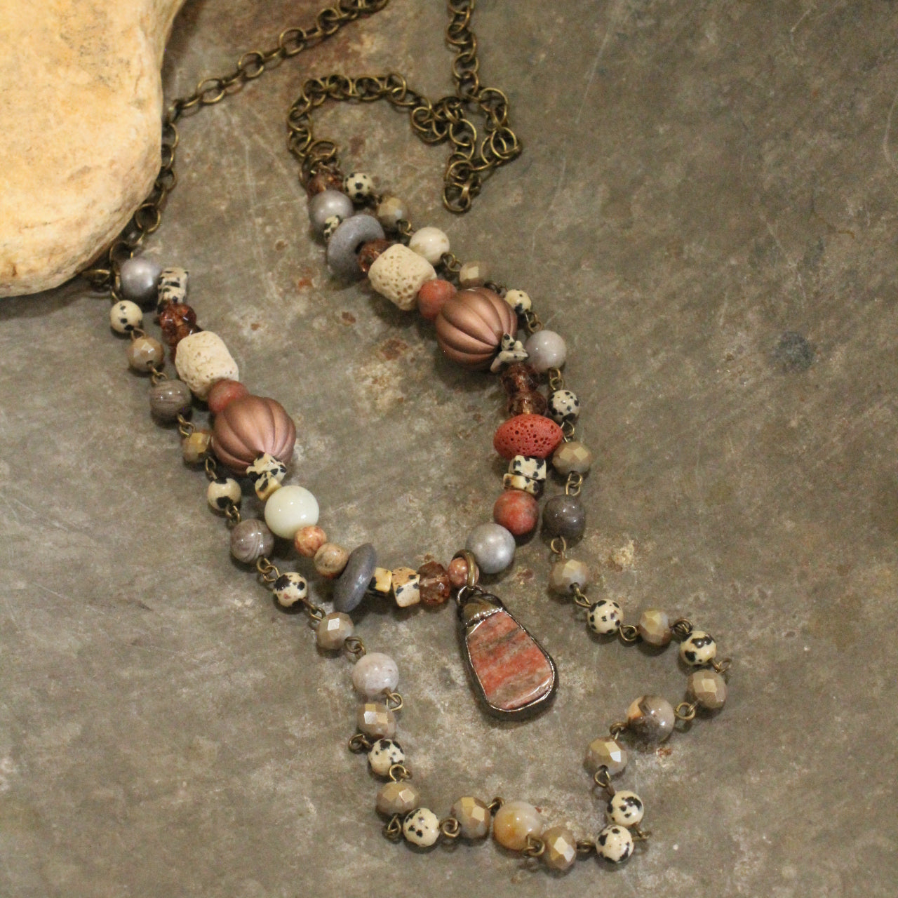 Glass Crystal & Natural Stone layered  Vintage Blush Necklace