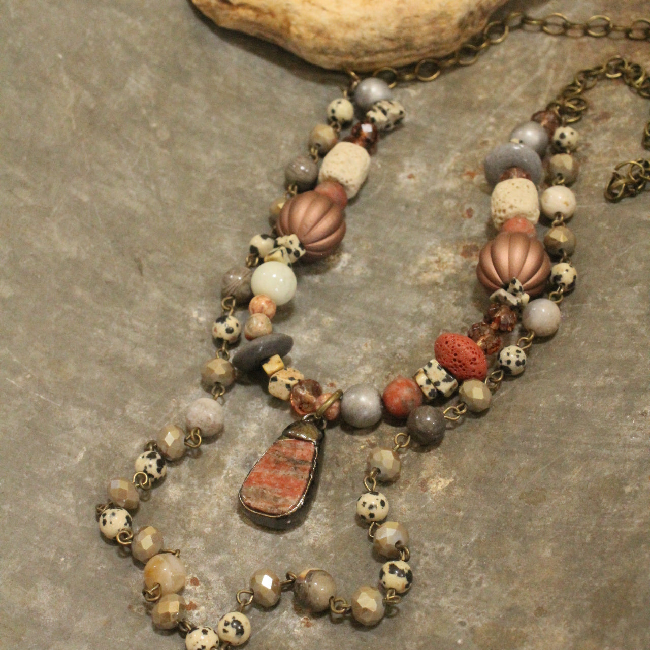 Glass Crystal & Natural Stone layered  Vintage Blush Necklace