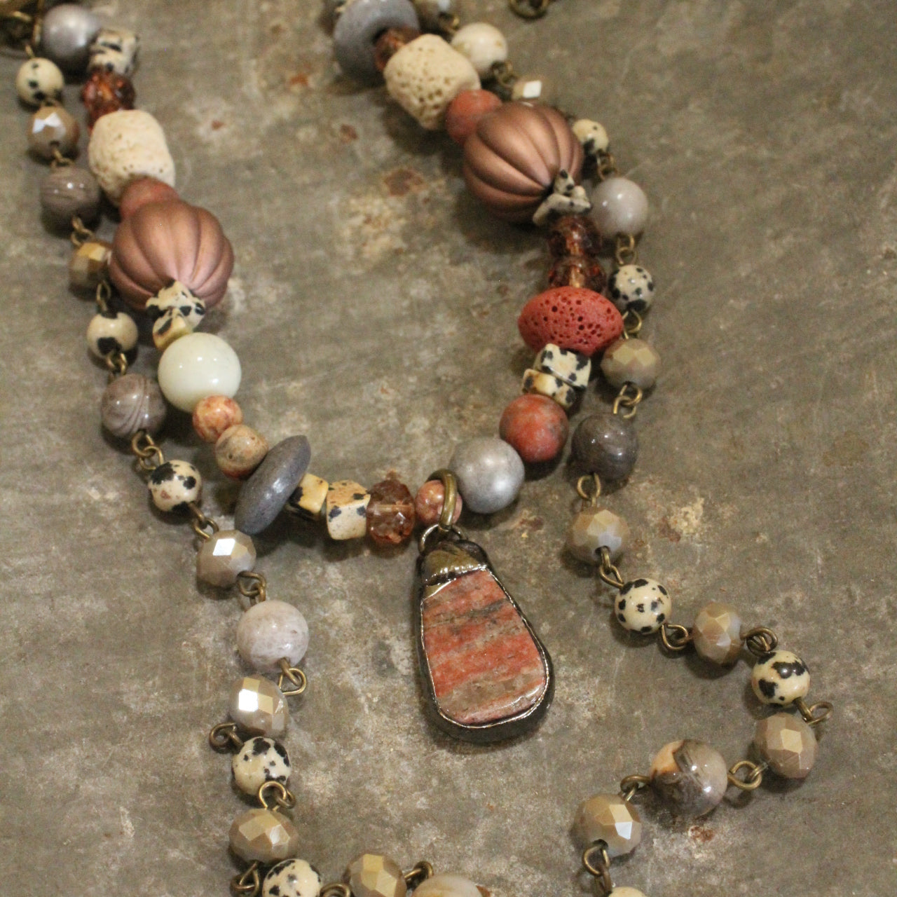 Glass Crystal & Natural Stone layered  Vintage Blush Necklace