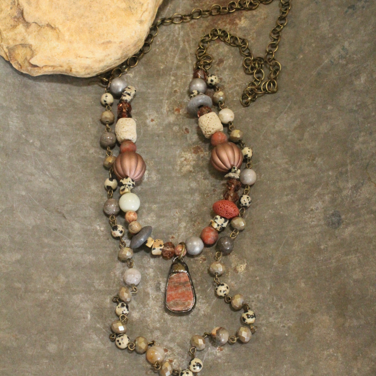 Glass Crystal & Natural Stone layered  Vintage Blush Necklace