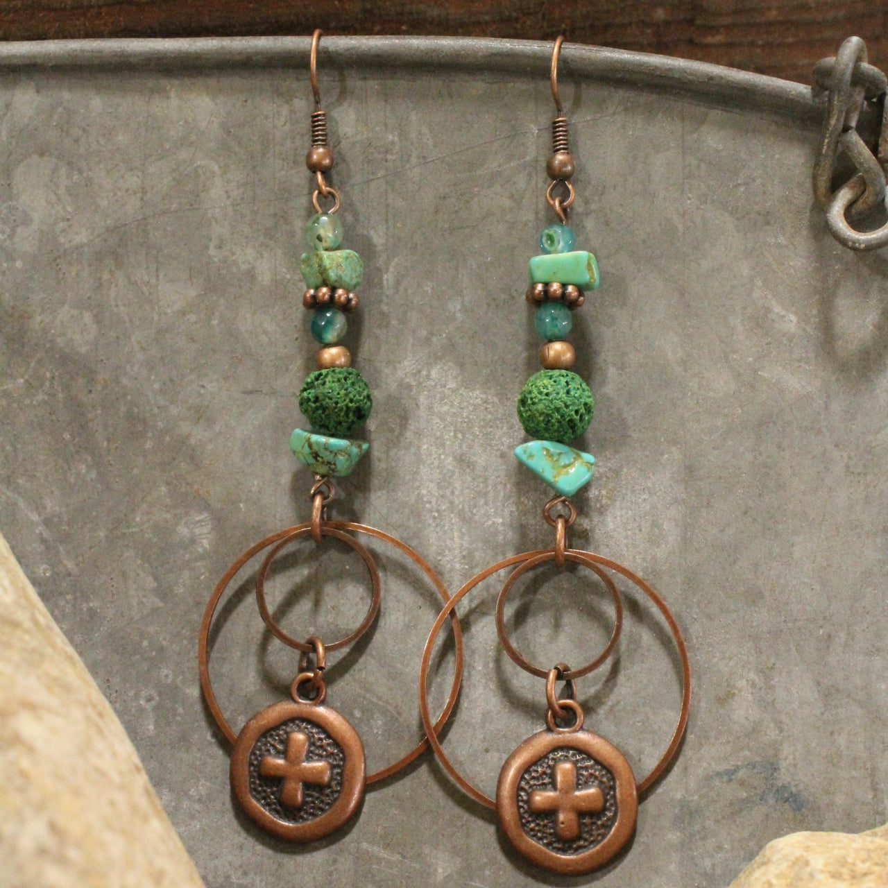 Bohemian Tribal Copper Cross Earrings