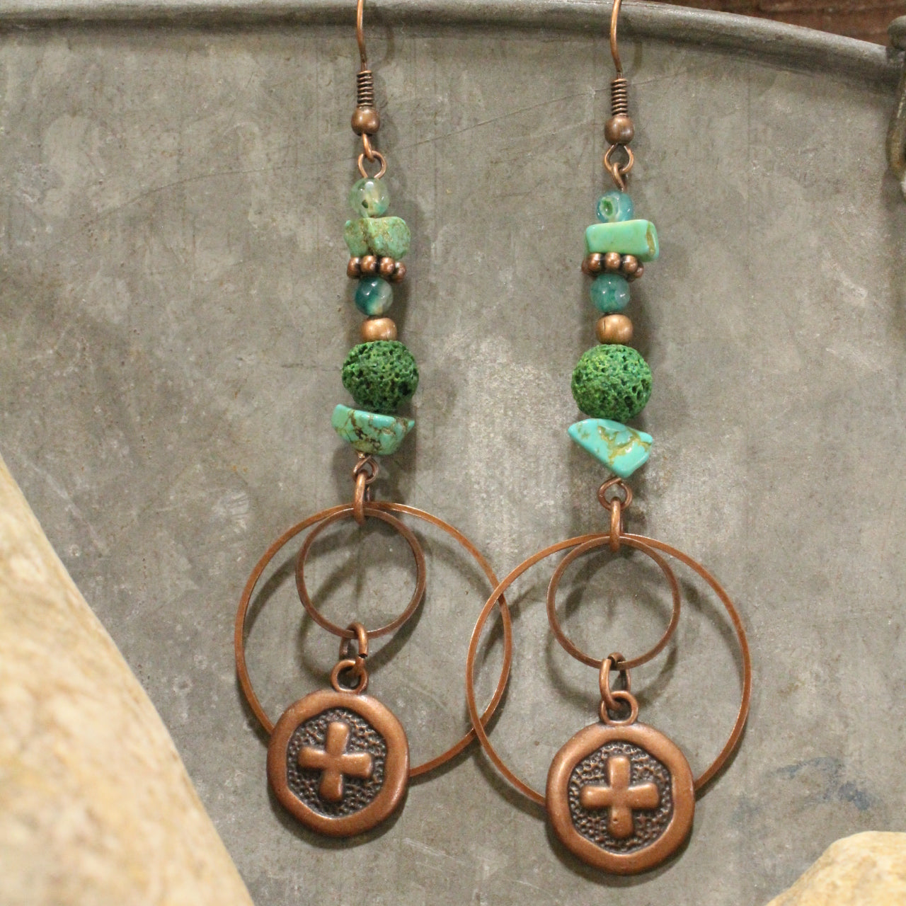 Bohemian Tribal Copper Cross Earrings