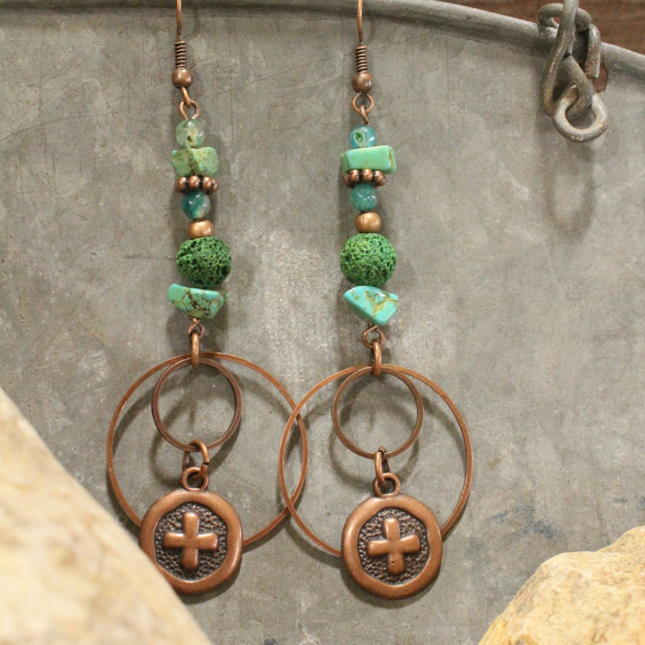 Bohemian Tribal Copper Cross Earrings