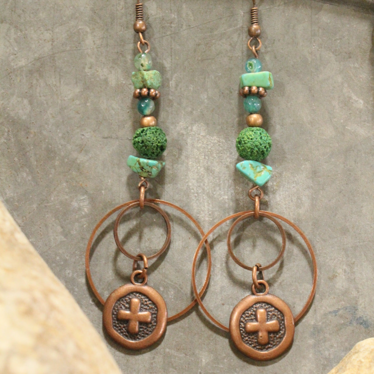 Bohemian Tribal Copper Cross Earrings