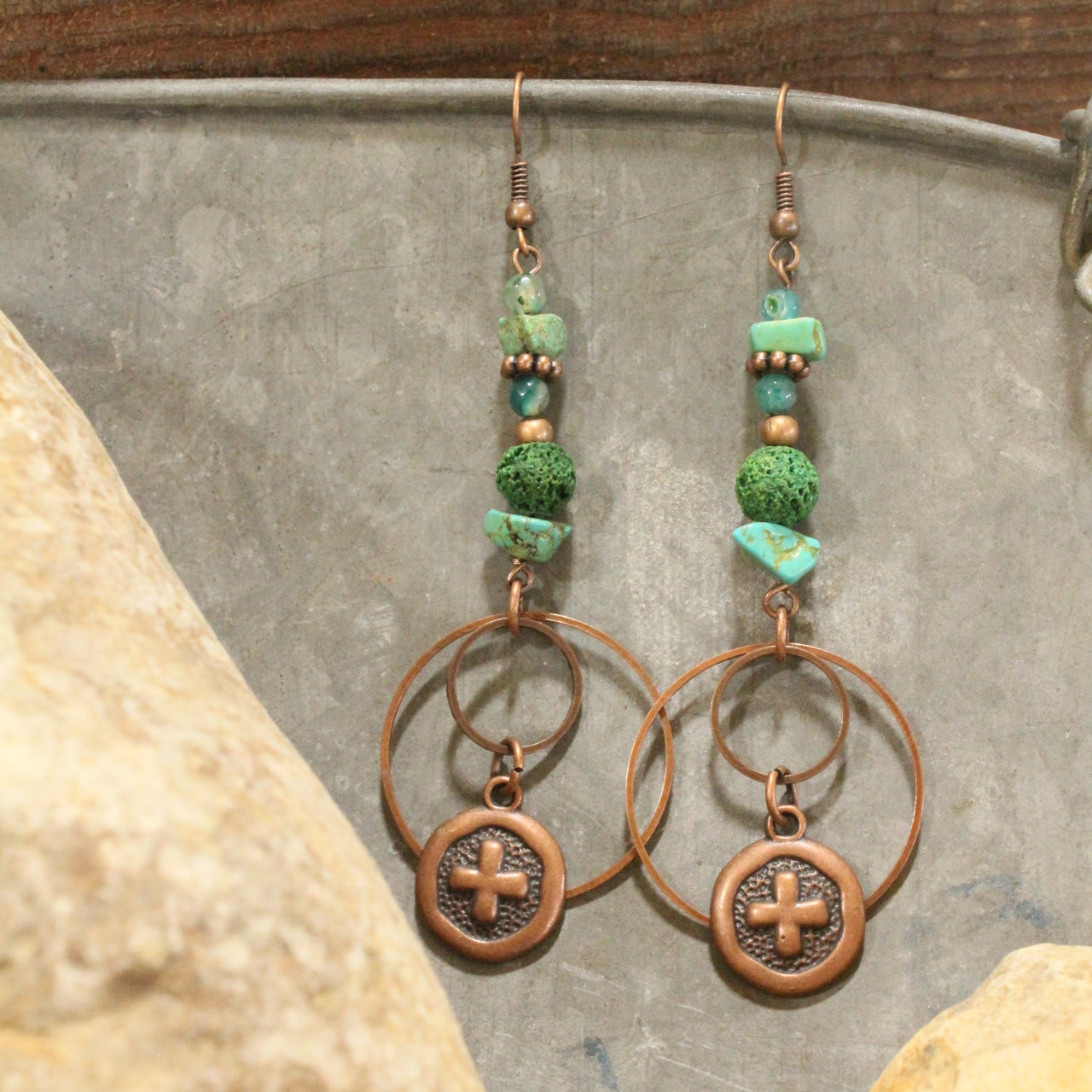 Bohemian Tribal Copper Cross Earrings