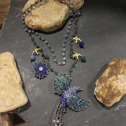 Wings Spread Wide Soaring Blue Bird Layered Necklace