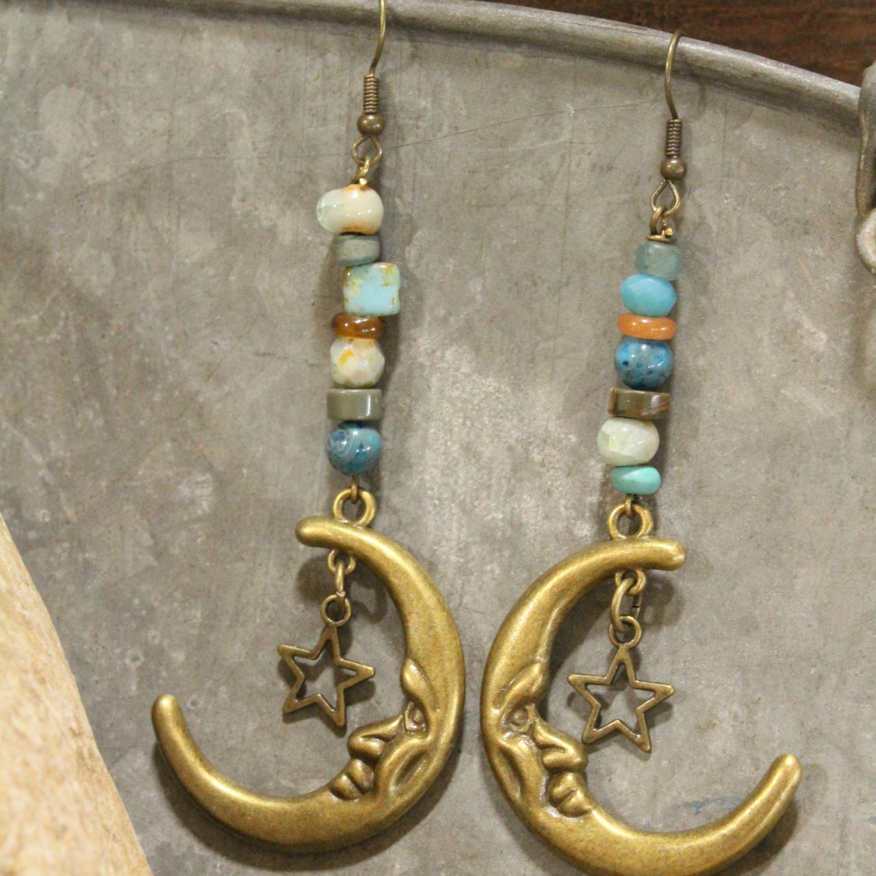 Bronze Moon & Stars Stone Earrings