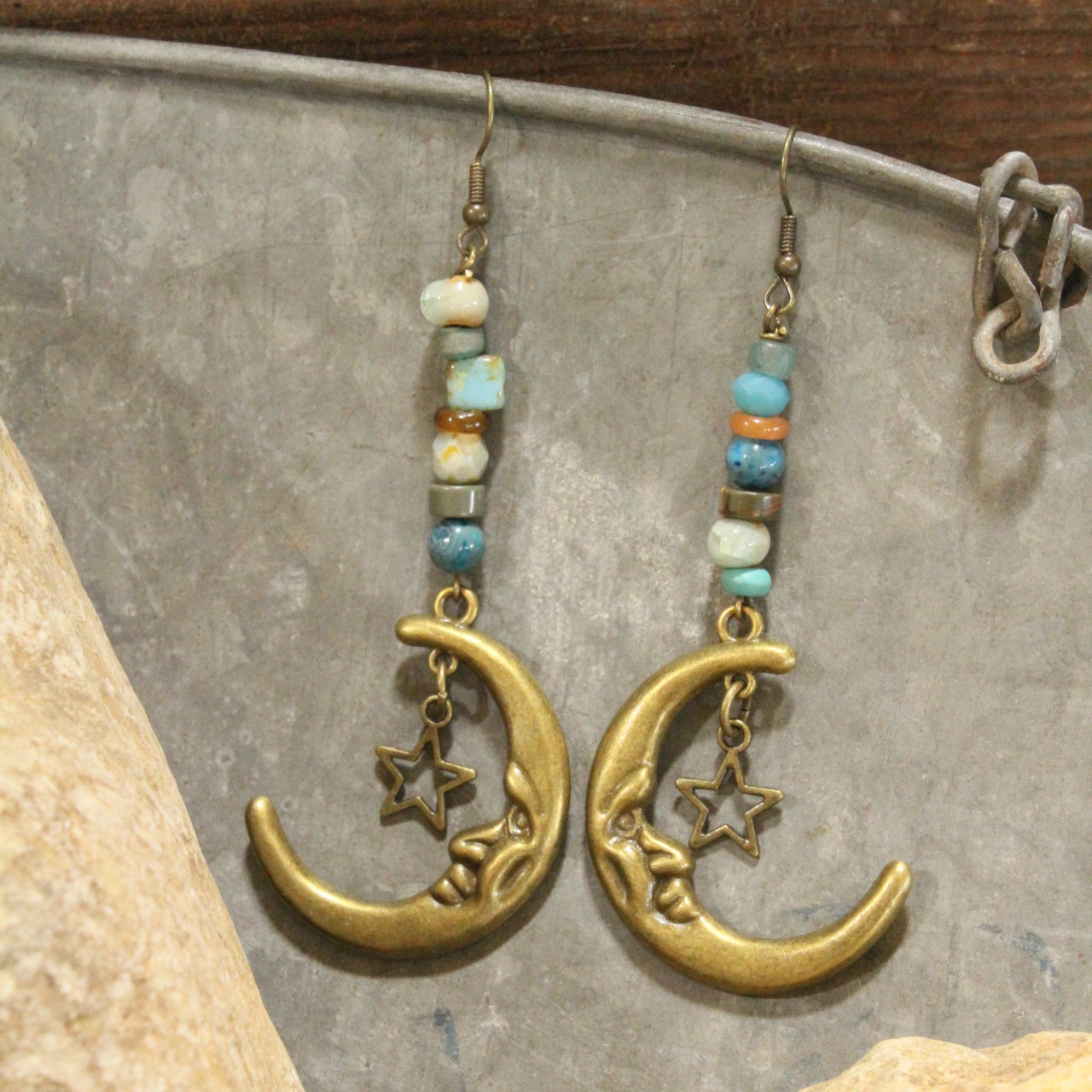 Bronze Moon & Stars Stone Earrings