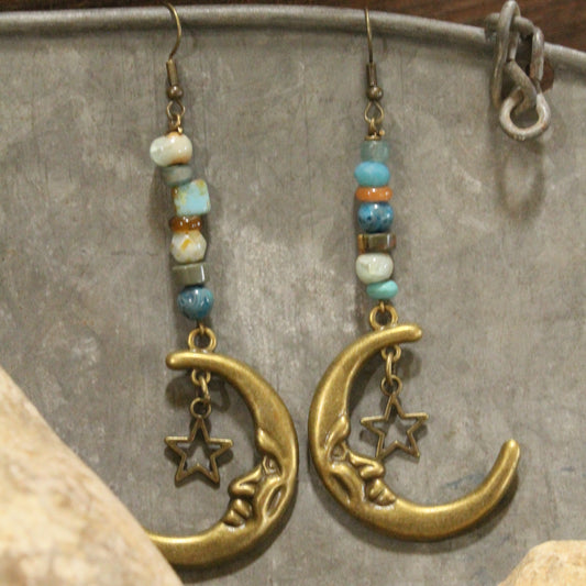 Bronze Moon & Stars Stone Earrings