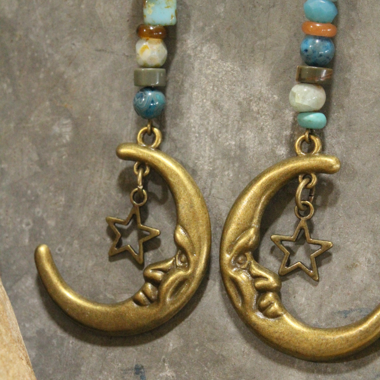 Bronze Moon & Stars Stone Earrings