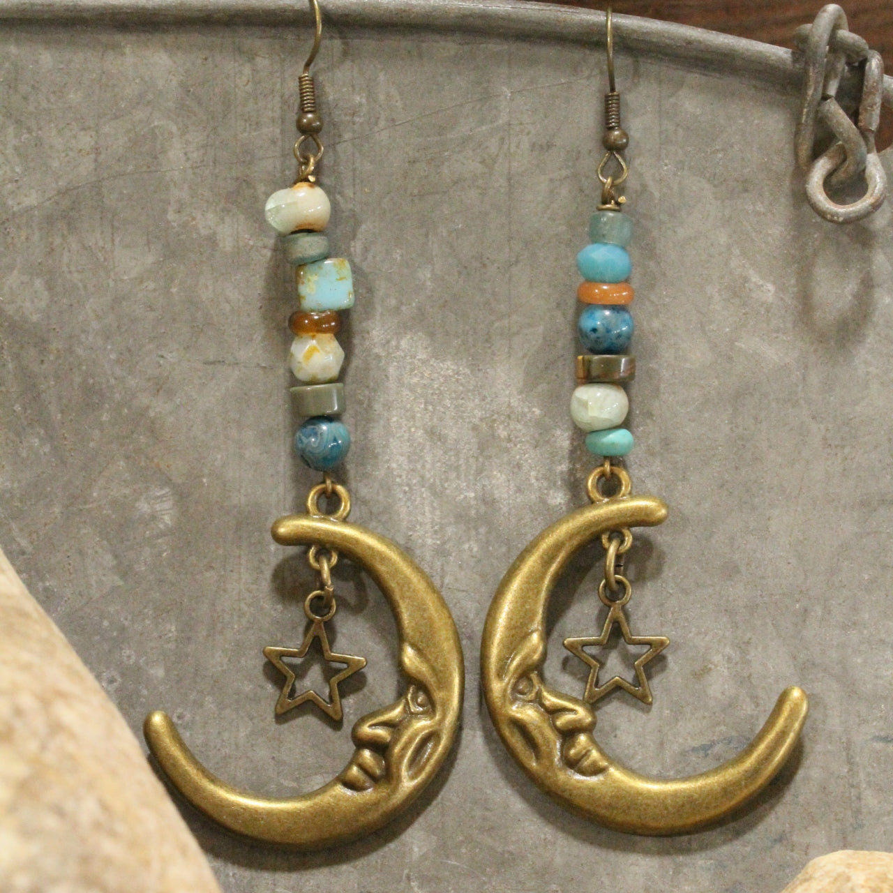 Bronze Moon & Stars Stone Earrings