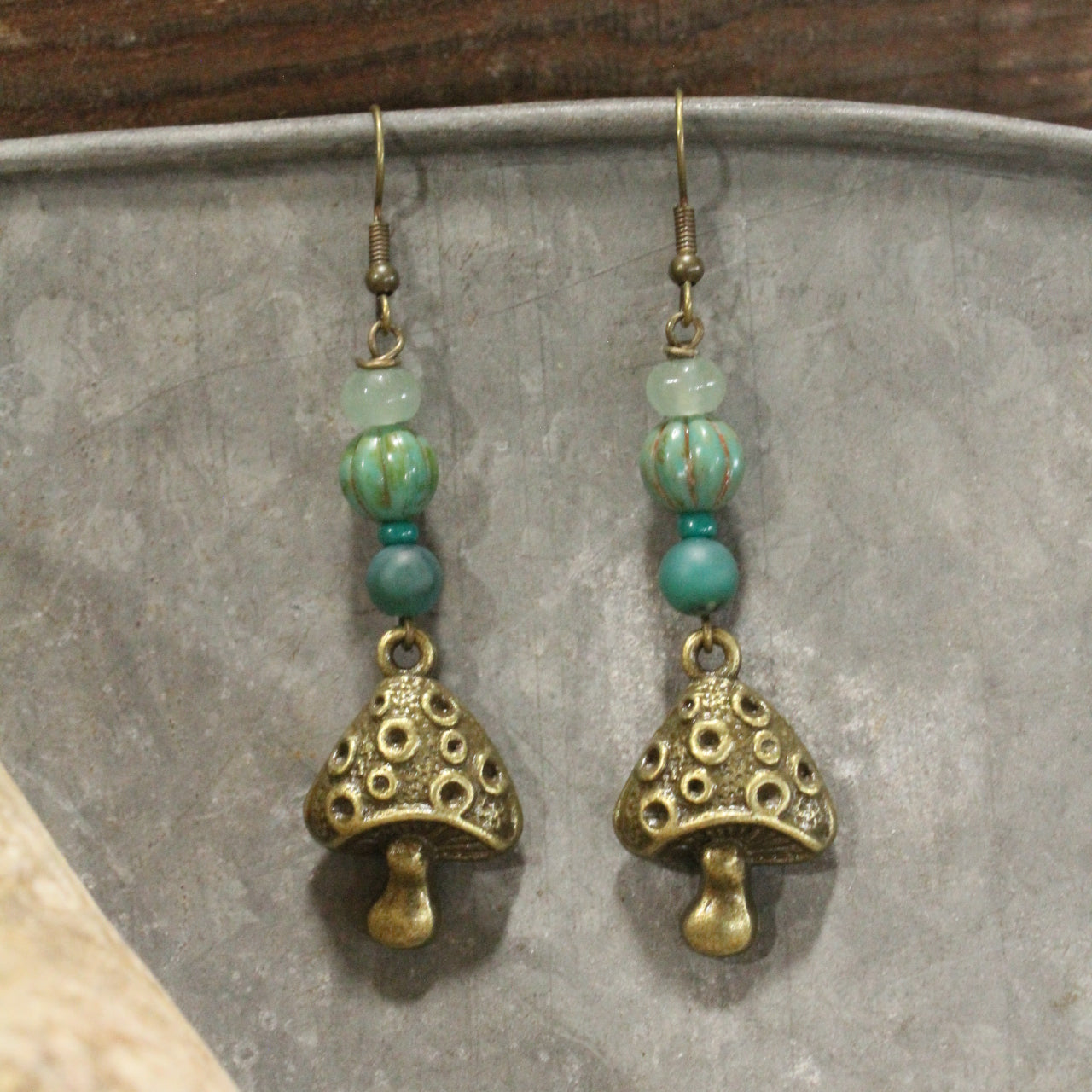 Bohemian Bronze Mushroom Stone Earrings