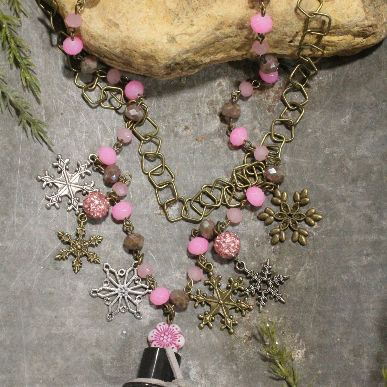 Frosty & His Snowflakes Layered Pink Necklace
